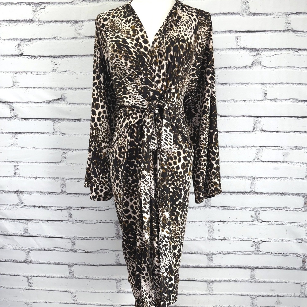 Moda International Leopard Print Faux Wrap dress Tie Waist Kimona Sleeve Small